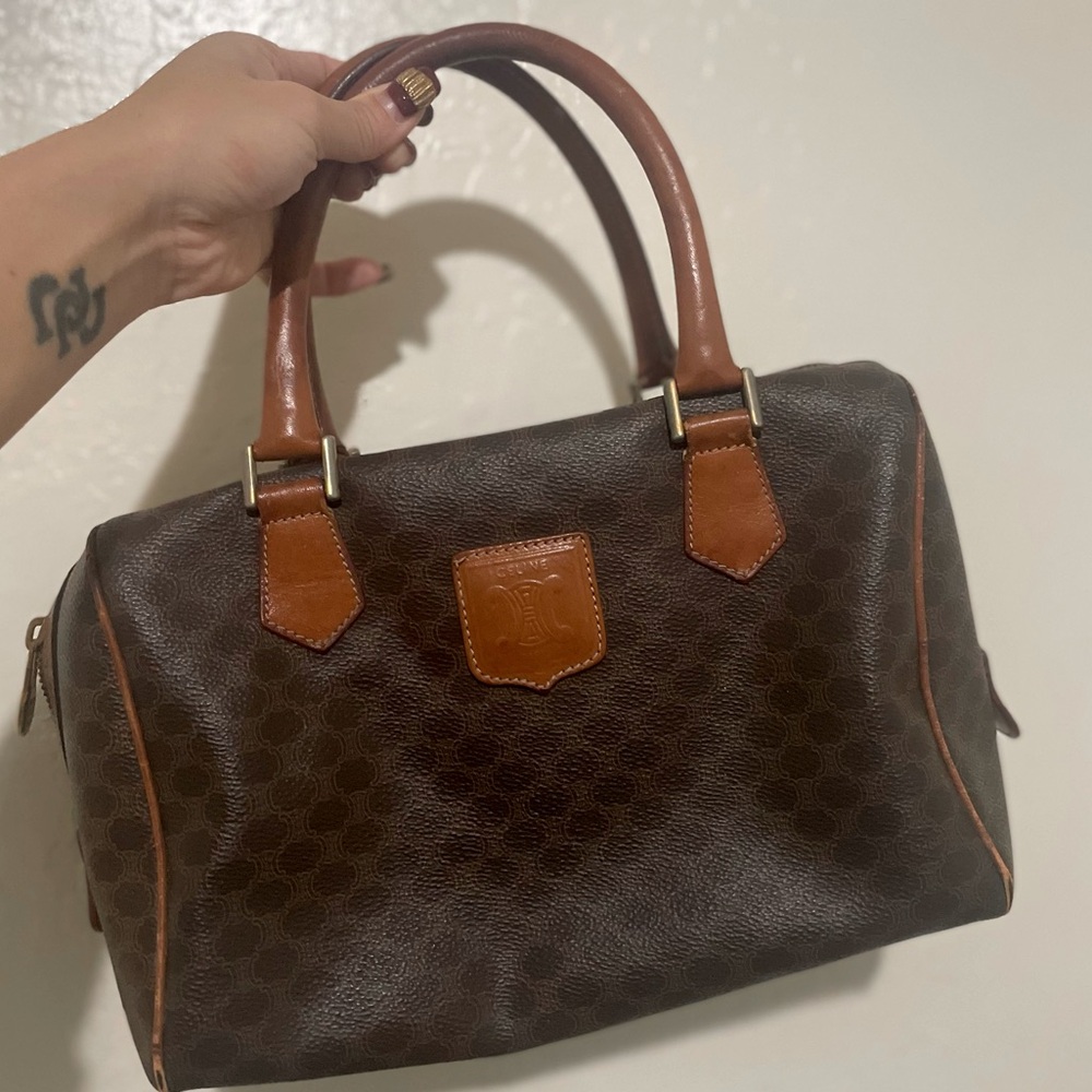 RARE mini Céline Vintage Celine boston bag in Macadam canvas Marron PVC